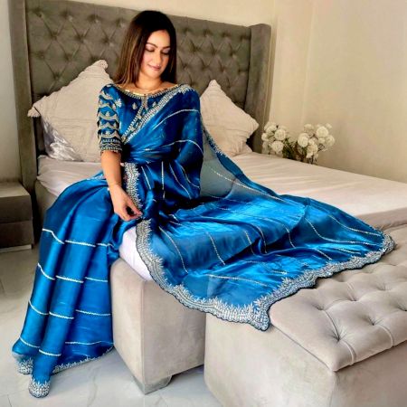 Blue Bridal Organza Silk Saree with Zari Border